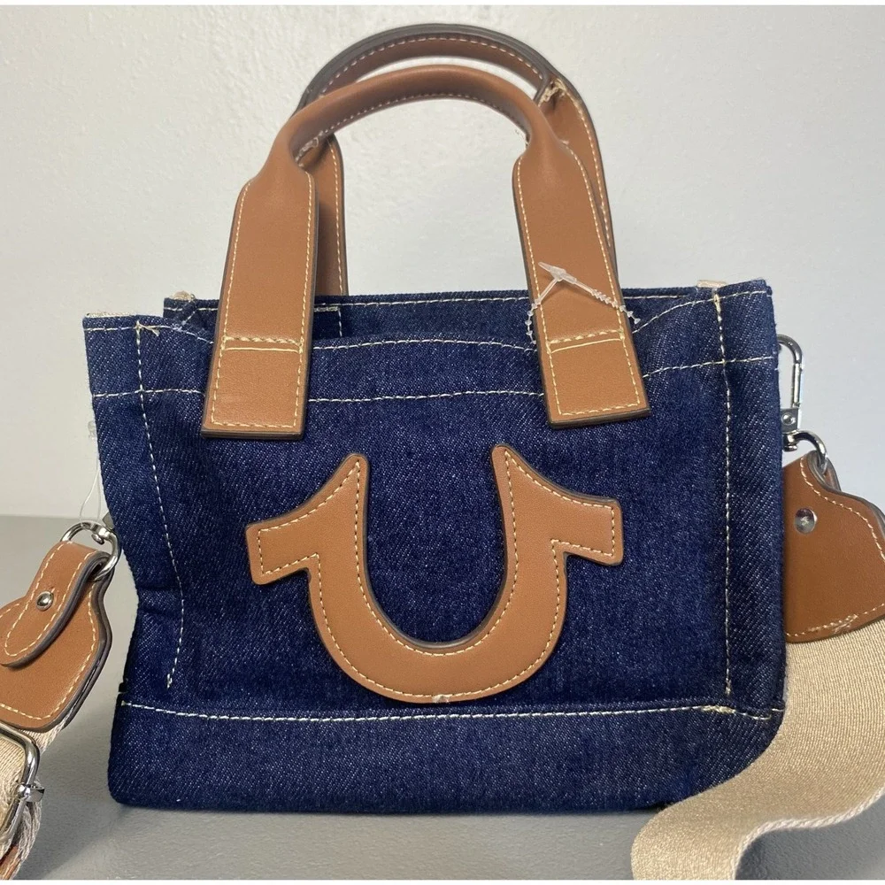 TRUE RELIGION Blue Denim Logo Mini Tote Purse Bag Adjustable Crossbody Strap NEW
